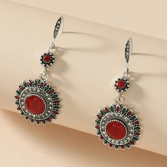 2/$24 Vintage-Style Red Gemstone Dangling Earrings With Silver-Tone Sunflower De - Picture 1 of 4